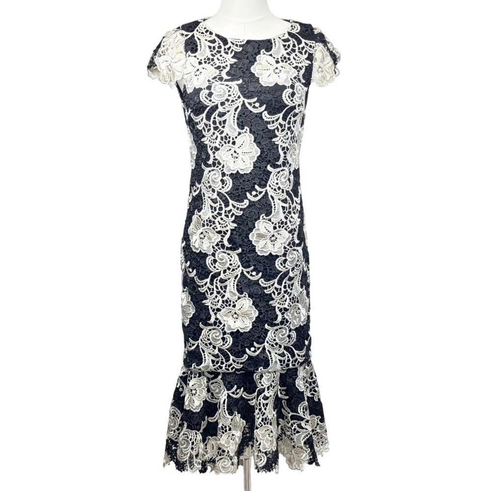 Alice + Olivia Lace Dress Black Cream Floral Mermaid Elegant Cocktail Classy 0 - Picture 2 of 14